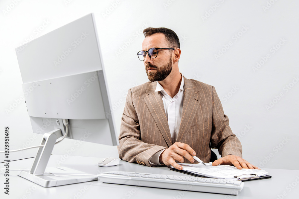 Fototapeta premium Tired, focused business man working at a computer in a bright office. The man looks frustrated while working. The concept of stress, frustration and burnout in the workplace.