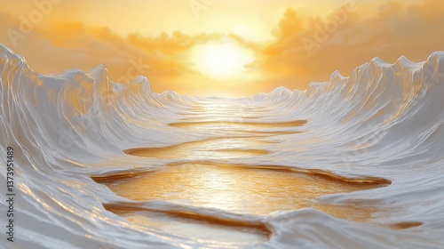 Captivating sunset over surreal artistic landscape with luminous golden waves creating a dreamlike, ethereal atmosphere and serene visual effect