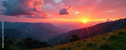 Beautiful sunset over mountains and hills of pastures and farms in Kisoro, Uganda, with a colorful sky and incredible landscape,  Kisoro, sunset