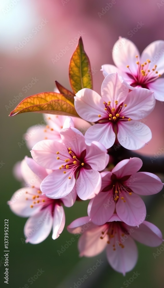 Fototapeta premium Close-up of delicate pink cherry blossoms in full bloom on a branch with vibrant colors and fresh greenery, tree branch, botanical