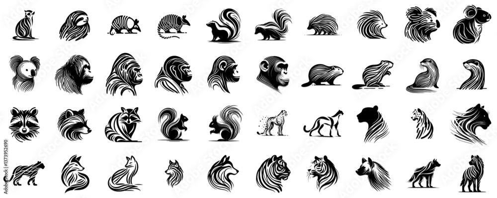Fototapeta premium collection of tribal furry animal designs in black tattoo style on transparent background 