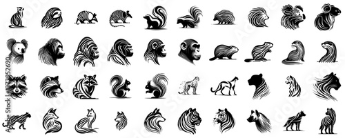 collection of tribal furry animal designs in black tattoo style on transparent background	