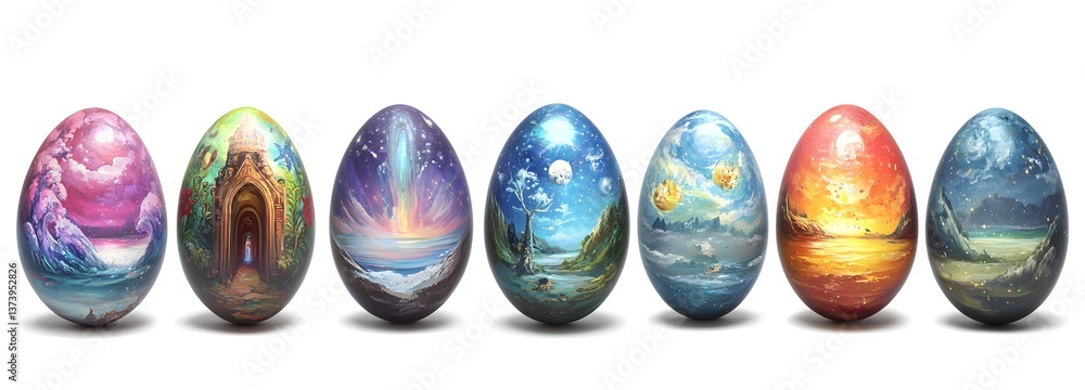 Colorful Easter eggs with patterns, white background Transparent