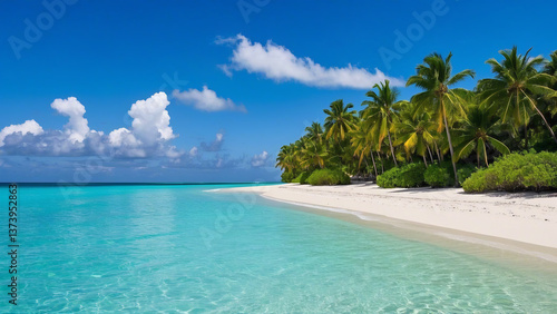 Fototapeta Naklejka Na Ścianę i Meble -  Caribbean palm trees fringe a sun-kissed tropical sand beach
