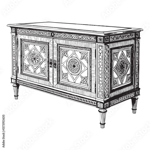 vintage sideboard table woodcut engraving vector illustration