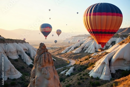 Colorful hot air balloons floating over Cappadocia's breathtaking landscapes,  destination,  outdoor