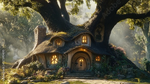 A fairytale setting with a tree that has windows and doors, resembling a tiny woodland home.