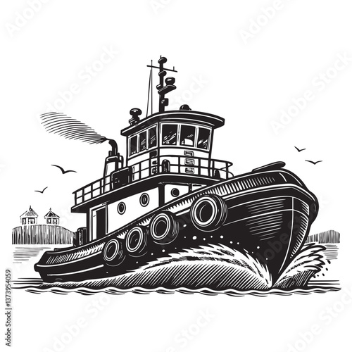 fishing boat woodcut engraving vector illustration