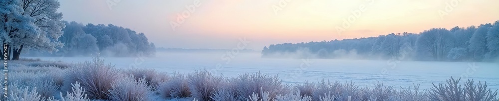 Obraz premium Frost-covered landscape with morning mist and distant forest view under cold sky, frozen, trees
