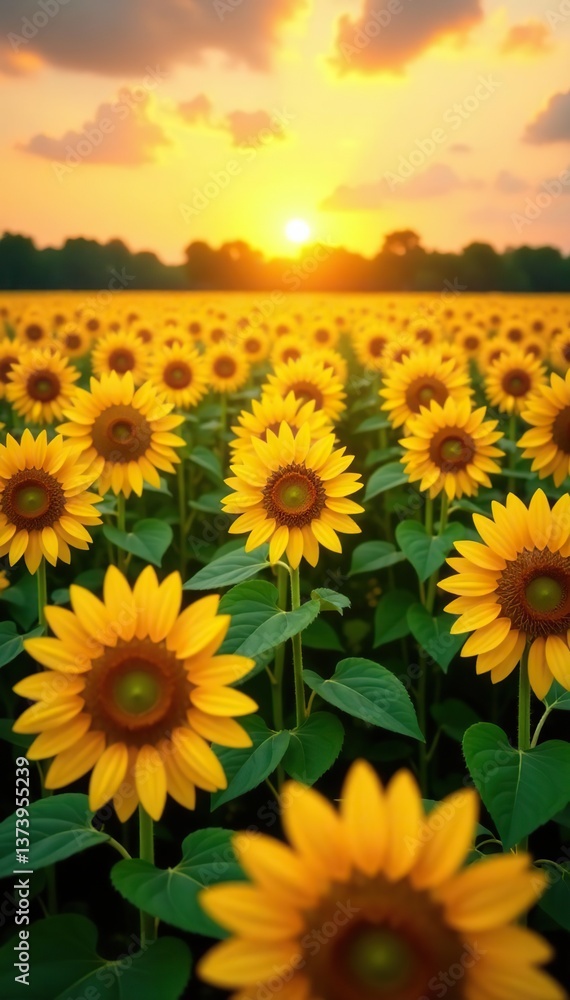 Fototapeta premium A field of vibrant sunflowers stretching towards the sun, creating a golden sea of petals and green leaves, green, botanical