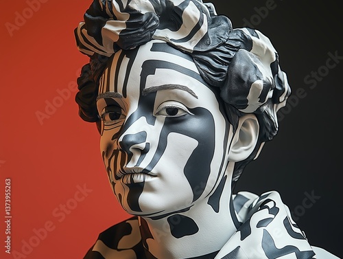 Close-up of a sculpture with intricate black and white paint design on face and hair against a striking two-toned background