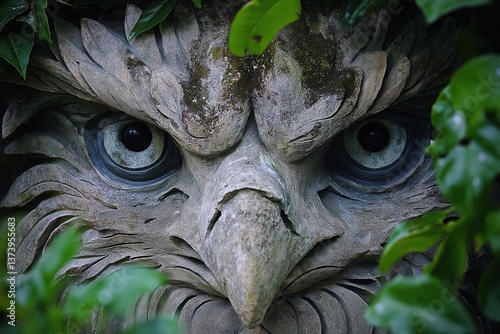 Close-up of a stone owl sculpture with intense eyes partially hidden by foliage in a natural garden setting