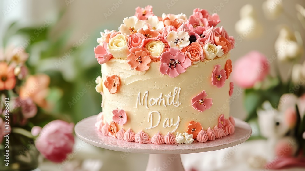 festive Mother Day cake decorated with fresh flowers and a sweet message festive Mother Day cake decorated with fresh flowers and a sweet message