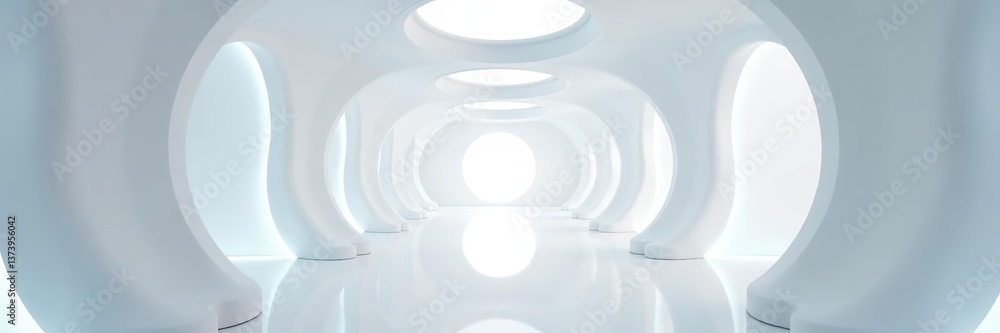 Obraz premium Futuristic white interior with abstract shapes and hidden lights in perspective, future, abstract shape