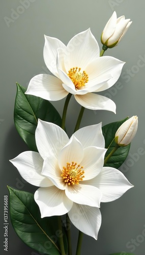 Elegant white art deco flowers with gold accents, delicate petals and leaves Suitable for home decor and art,  modern,  art