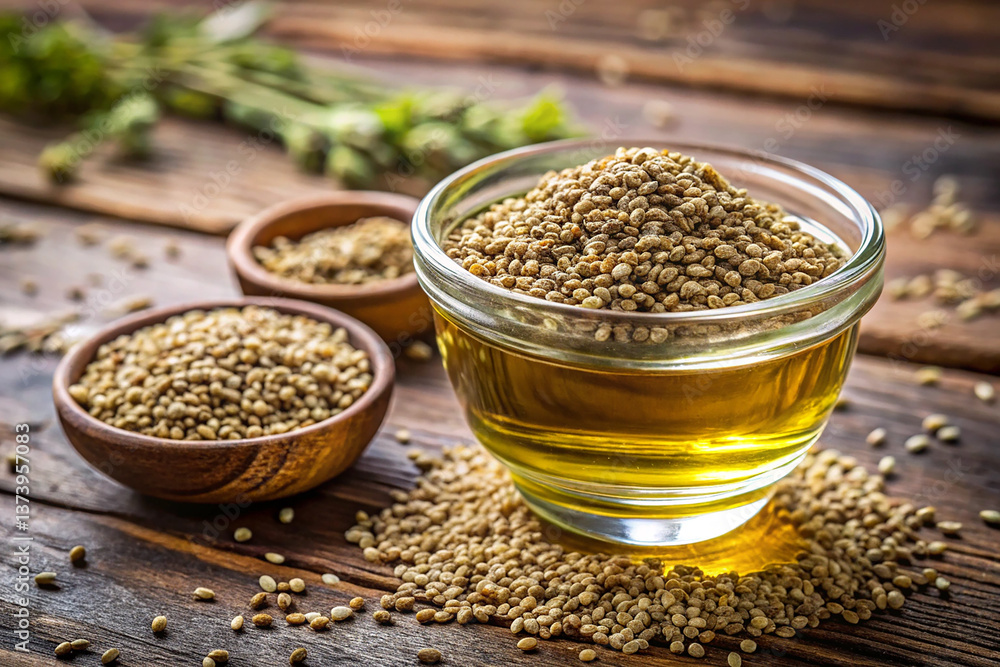 Ajwain seeds in a glass bowl with essential oil Ajwain seeds in a glass bowl with essential oil