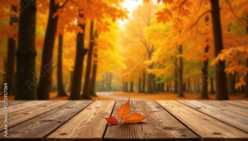 Autumn wooden table top with blurred forest, falling orange and yellow leaves,  September,  wooden
