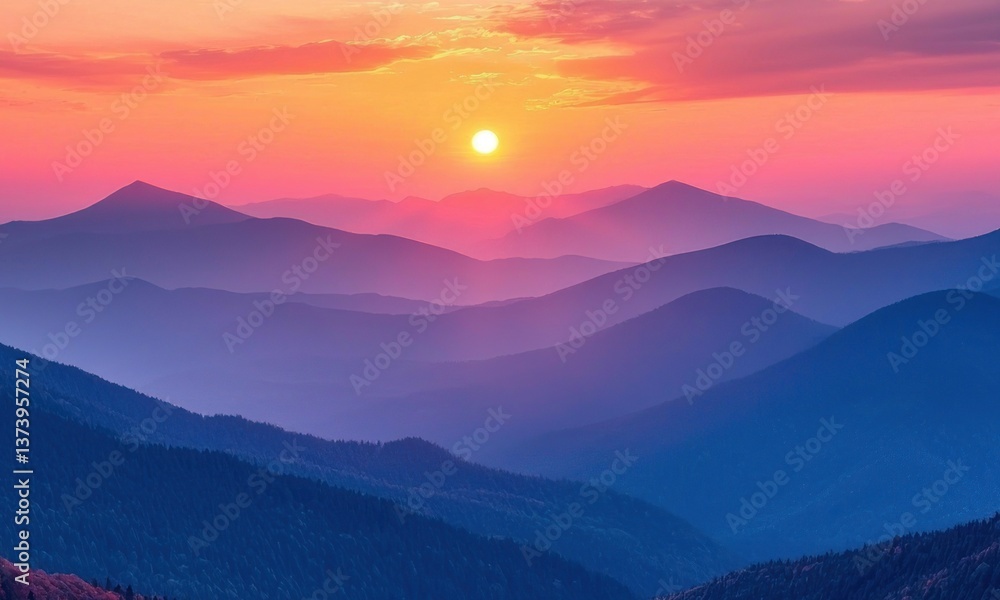 Obraz premium Mountain Sunrise Panorama, Majestic Sunset, Misty Peaks, Peaceful Landscape