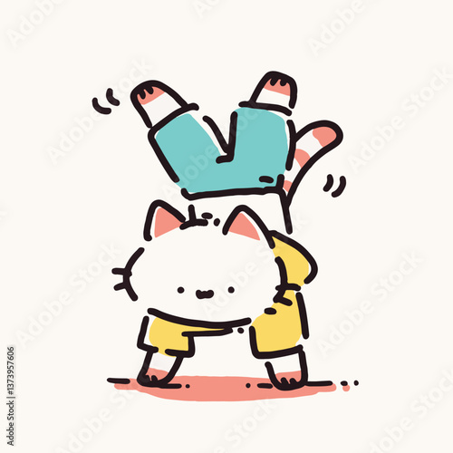Playful cat does handstand, balancing joyfully on its paws with glee