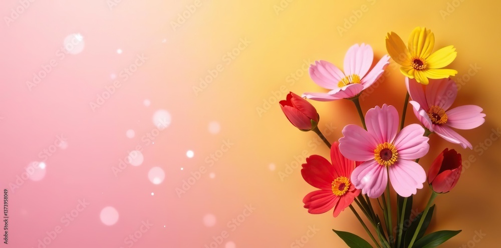 Obraz premium Bouquet of pink, yellow, red flowers on pink, yellow background with light bloom, yellow, celebration