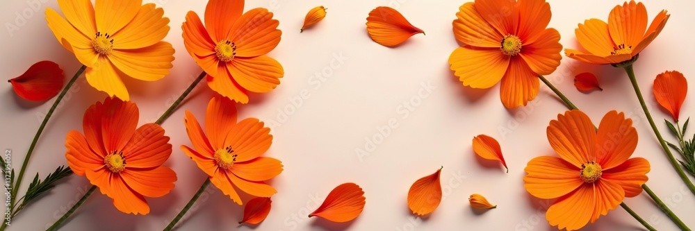 An elegant arrangement of orange cosmos flowers displayed in a flat lay postcard style, decoration, vibrant An elegant arrangement of orange cosmos flowers displayed in a flat lay postcard style, decoration, vibrant