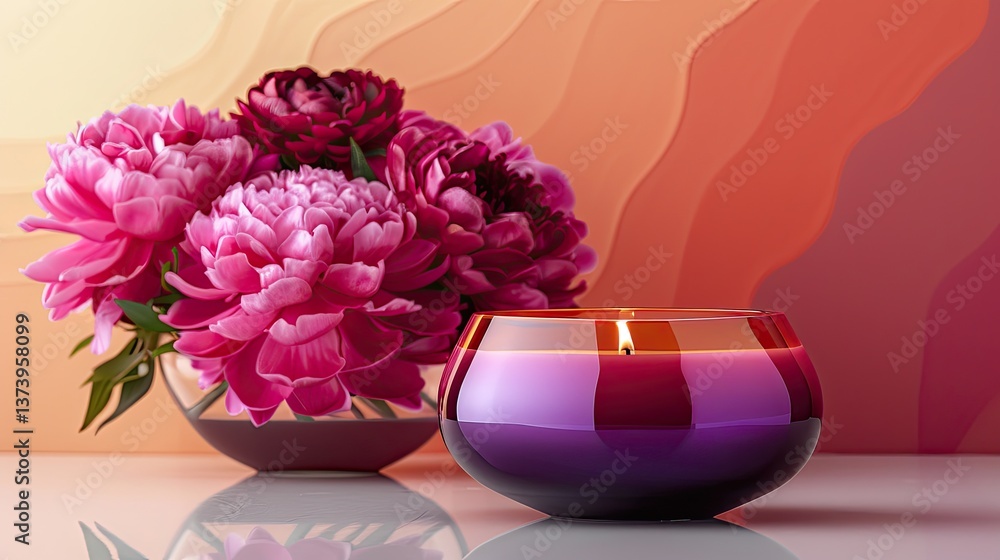 Fototapeta premium A purple gradient glass candle jar with an orange burning candle inside
