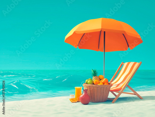 Wallpaper Mural Illustration of a beach umbrella with a sun lounger next to it and a basket of fruits and cooling drinks, against a light turquoise sea wave background Torontodigital.ca