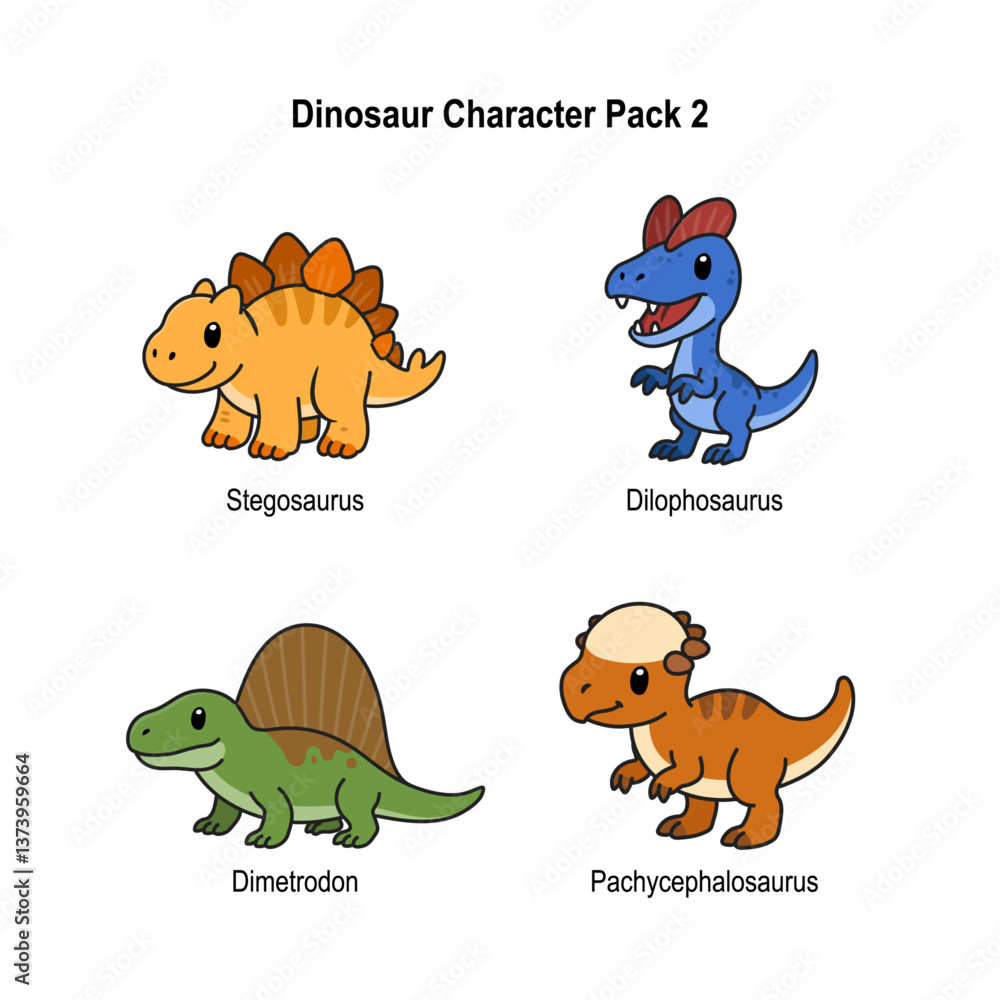 Obraz premium Dinosaur Pack 2 Stegosaurus Dilophosaurus Dimetrodon Pachycephalosaurus
