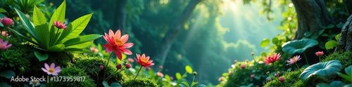Exotic plants and flowers floating in a garden in space,  enchanting,  colorful