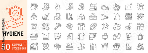 Hygiene collections editable stroke outline web icons set. Hygiene, clean, soap, washing hands, disinfecting, shower, sanitation, bathing and more... Vector illustration