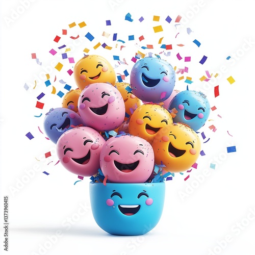 Colorful illustration of smiling balloons with faces in a pot, surrounded by vibrant confetti on a white background