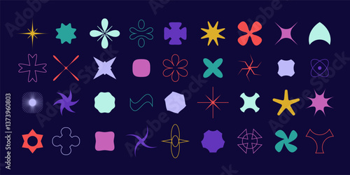 Icon shape. Figure star, circle, square, flower. Abstract element retro. Modern symbol for y2k art. Curve on basic graphic form. Vector design Memphis style