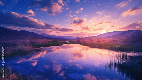Wallpaper Mural Sunset reflection, tranquil mountain lake, vibrant sky, peaceful landscape, nature poster Torontodigital.ca