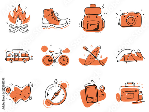 Camping and Adventure Icons in Line Art Style with Orange Accents: campfire, hiking boots, backpack, camera, camper van, bicycle, kayak, tent in moutanins, map, compas, gps navigator, medical kit