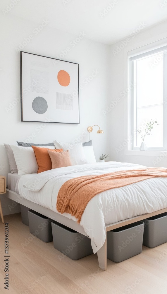 Fototapeta premium A modern bedroom featuring a neatly made bed, decorative pillows, artwork, and natural light from a window.