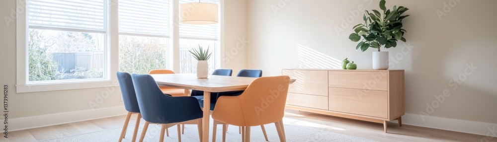 Modern dining area featuring a wooden table, colorful chairs, and natural light from large windows, complemented by decorative plants. Modern dining area featuring a wooden table, colorful chairs, and natural light from large windows, complemented by decorative plants.