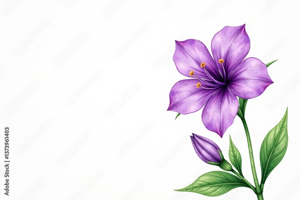 Hand-drawn watercolor purple flower and leaves,  art,  design