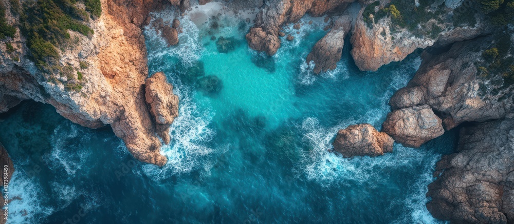 Fototapeta premium Aerial view turquoise cove, coastal rocks, ocean waves, clifftop greenery
