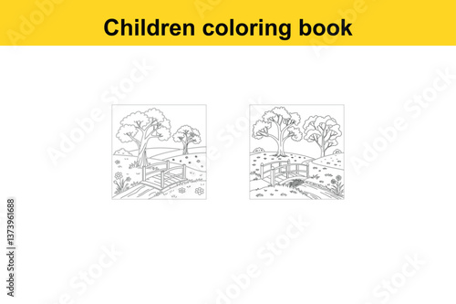 Scenic Nature Landscape: Garden with Trees, River, and Wooden Bridge Children's Coloring Book Illustration