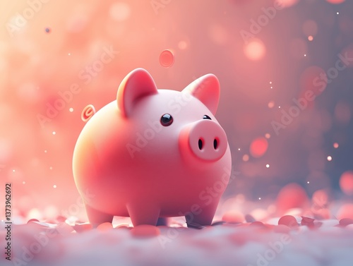 Cute pink ceramic piggy bank with bokeh background, symbolizing savings, financial planning, and investment for future prosperity and growth