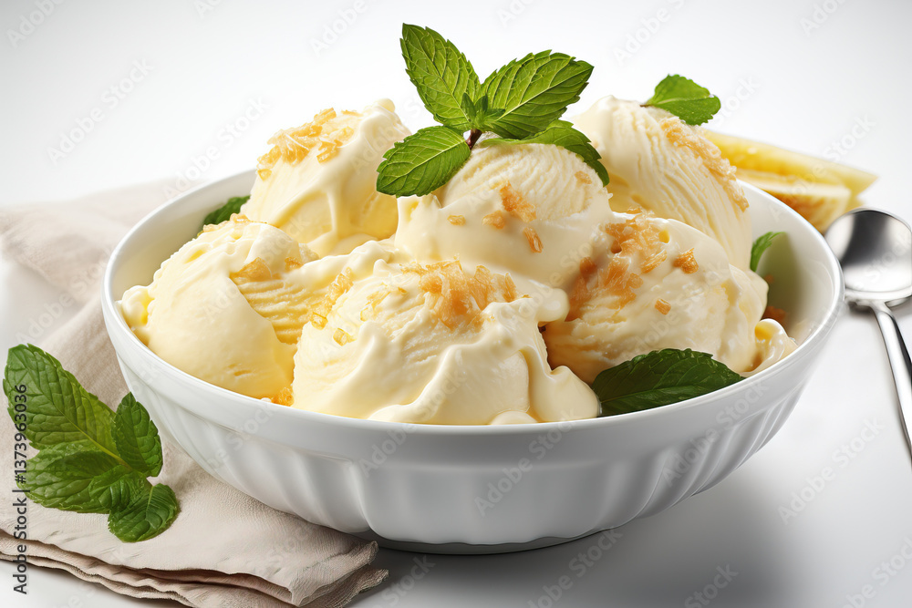 Banana scoops of ice cream in a bowl on a white background.