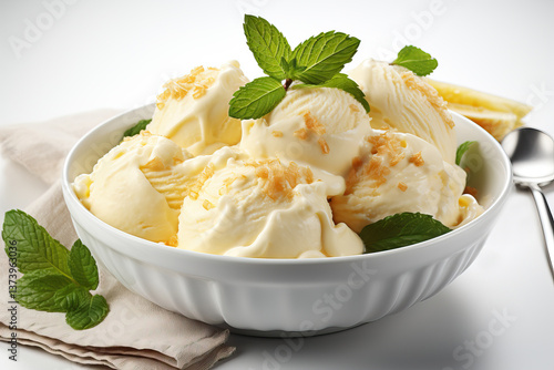 Obraz na płótnie Banana scoops of ice cream in a bowl on a white background. w salonie