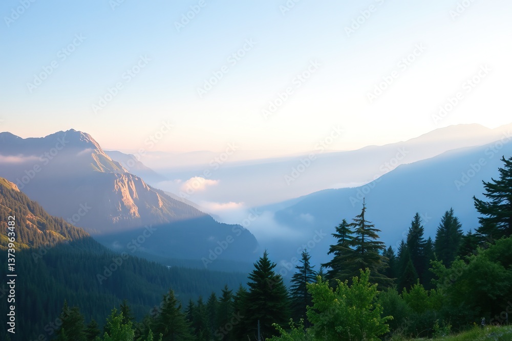 Obraz premium Stunning mountain landscape with mist and early morning light in a tranquil valley setting