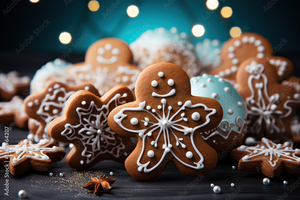 Honey Christmas gingerbread cookies with white patterns on a dark blue background.