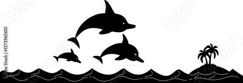 Hand drawn retro dolphin summer silhouette