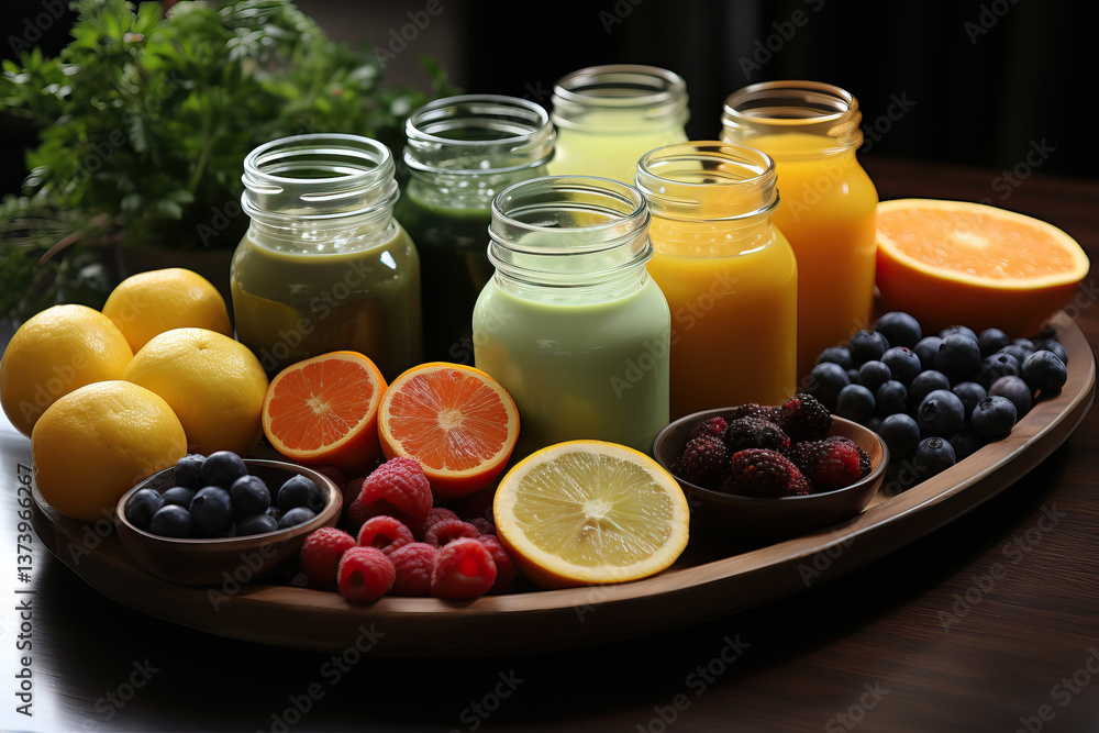 A set of fresh various juices in glassware.