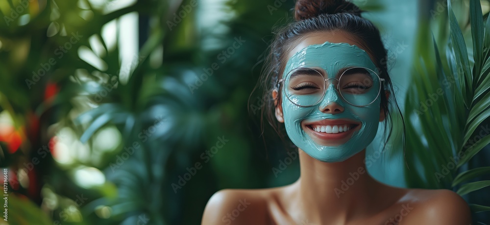 Smiling woman with green facial mask enjoying spa treatment surrounded by lush plants Smiling woman with green facial mask enjoying spa treatment surrounded by lush plants