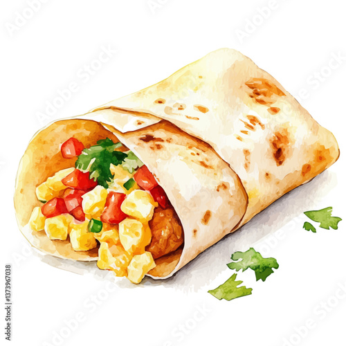 A watercolor vector of a breakfast burrito, isolated on a white background. Breakfast burrito vector.

