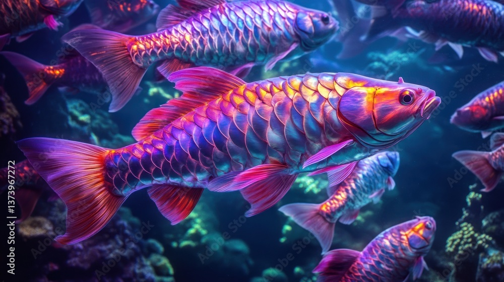 Fototapeta premium Iridescent fish school swimming aquarium coral reef