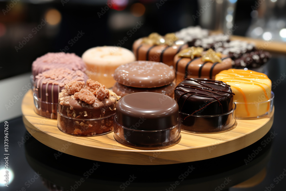 Mousse chocolate cakes on a wooden round tray, craft production of mousse cakes.